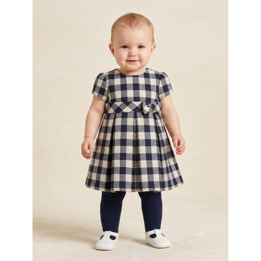 NWT Abel & Lula Luxury Navy Plaid Lurex Bow Holiday Dress 12M